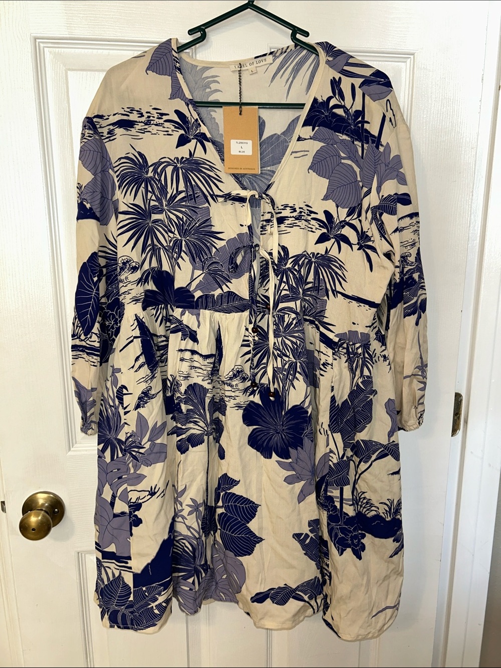 Tunic Long-Sleeve Floral Dress in Beige and Navy